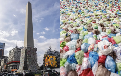 El Obelisco fue tapizado con bolsas de basura en el marco del Día Mundial del Reciclaje