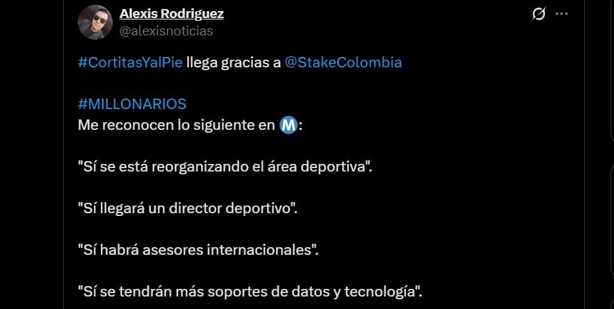Millonarios empezaría a reestructurar toda el área de la dirección deportiva para 2026 - crédito @alexisnoticias/X