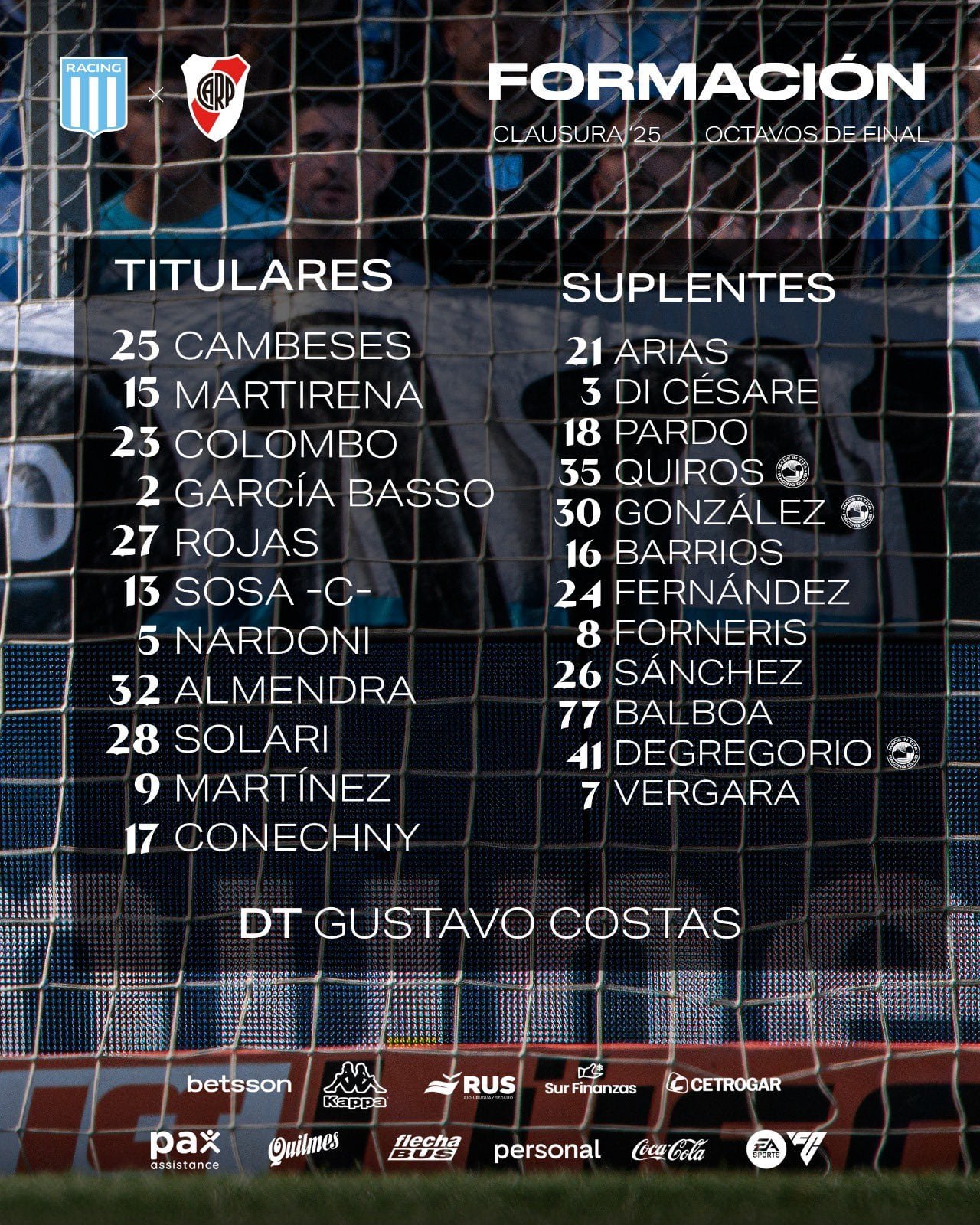 El equipo que eligió Gustavo Costas (@RacingClub)